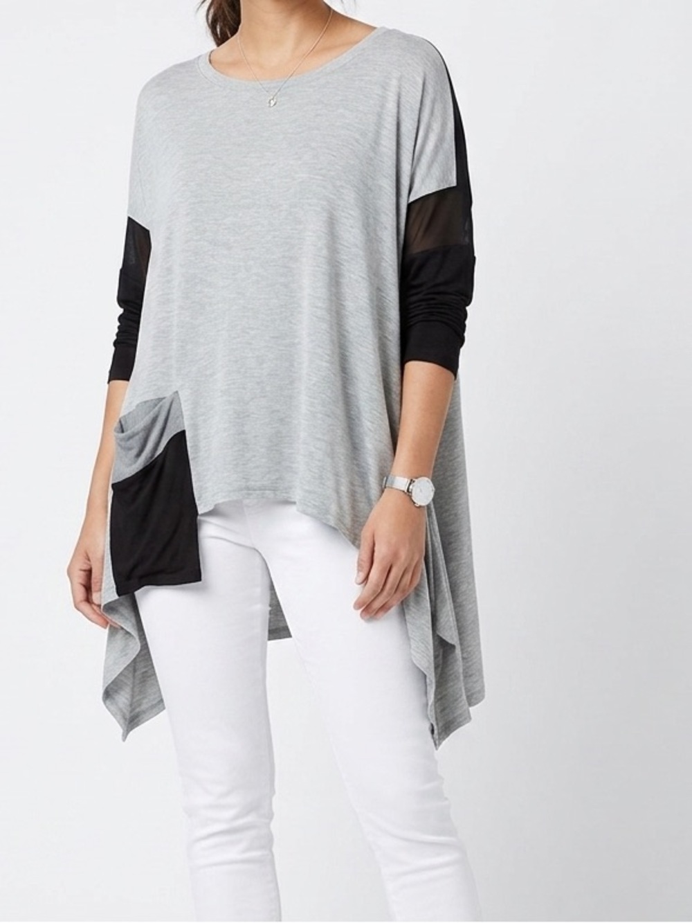 IC by CONNIE K Asymmetrical Grey Black Top w Pocket & Mesh Colorblock Sleeves